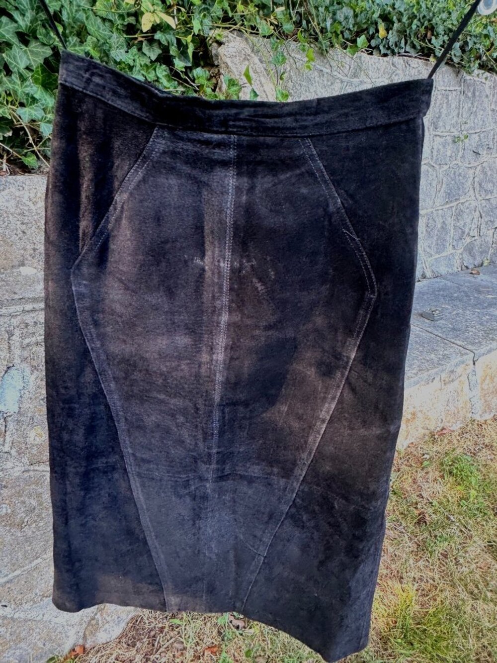 Vintage Y2K Bagatelle Black Suede Leather Midi Skirt Womens 12 Lined
